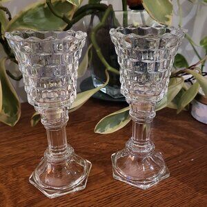 Vintage 4 Piece Set Clear Glass Cubist Peg Votives & Candlesticks